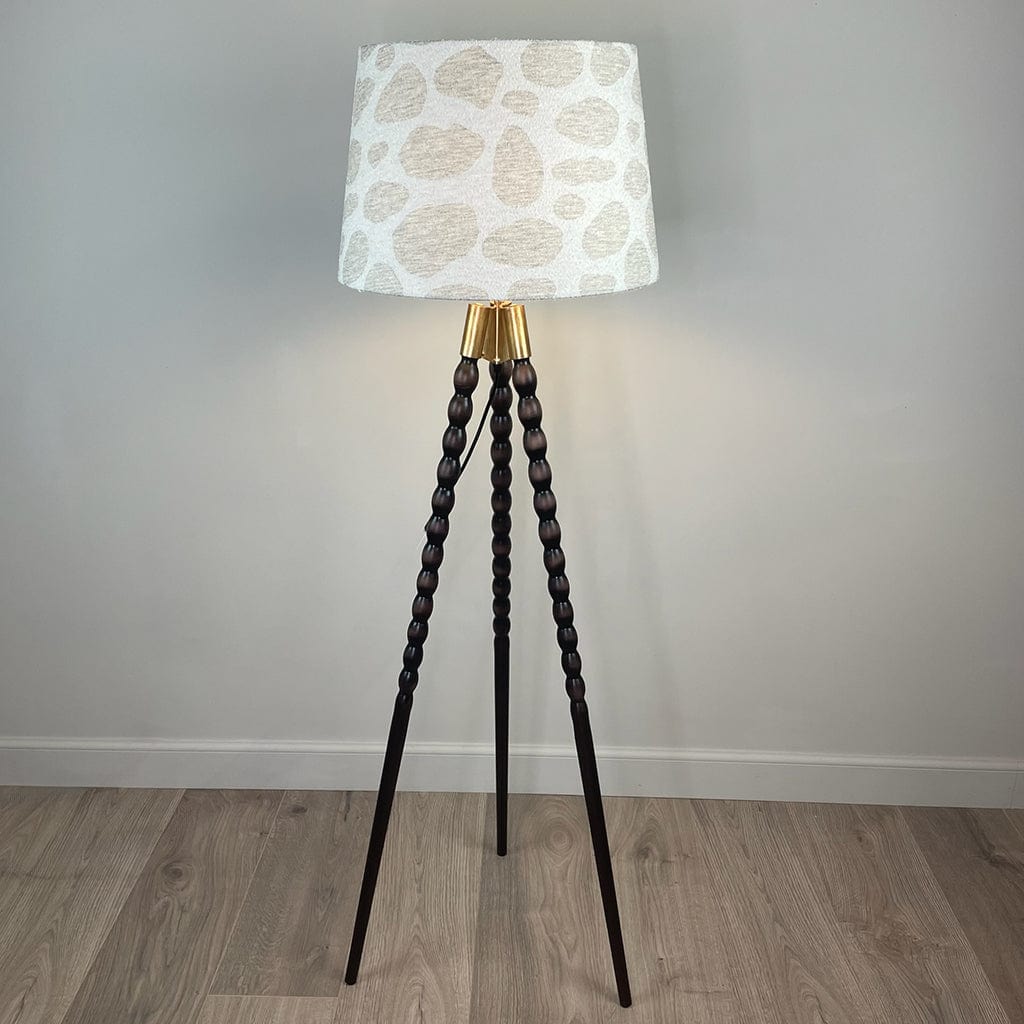 Wooden Spindle Tripod Floor Lamp with Bodie Ecru Boucle Shade