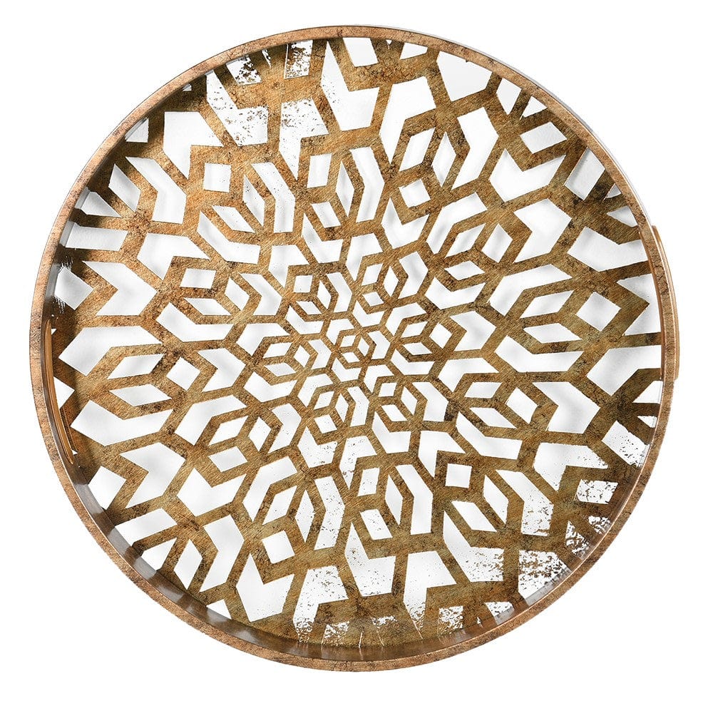 A round antique gold mosaic tray with intricate mosaic detailing on the surface.