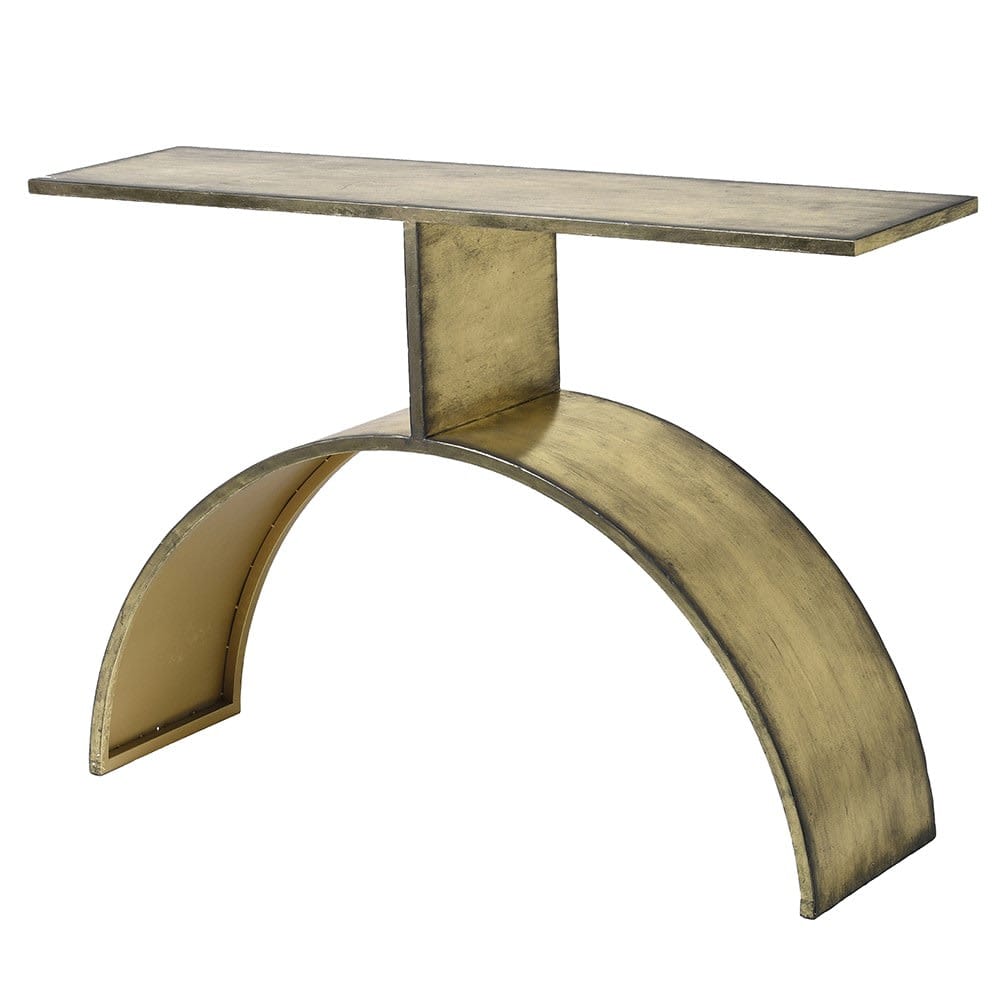 A console table with a gold-colored, curved metal base and a wooden tabletop.