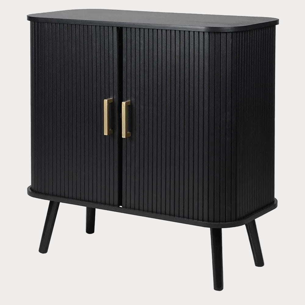 A sleek black 2-door sliding cabinet with gold-colored handles and a flat top, set on a minimalistic frame.