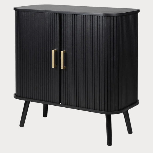 A sleek black 2-door sliding cabinet with gold-colored handles and a flat top, set on a minimalistic frame.