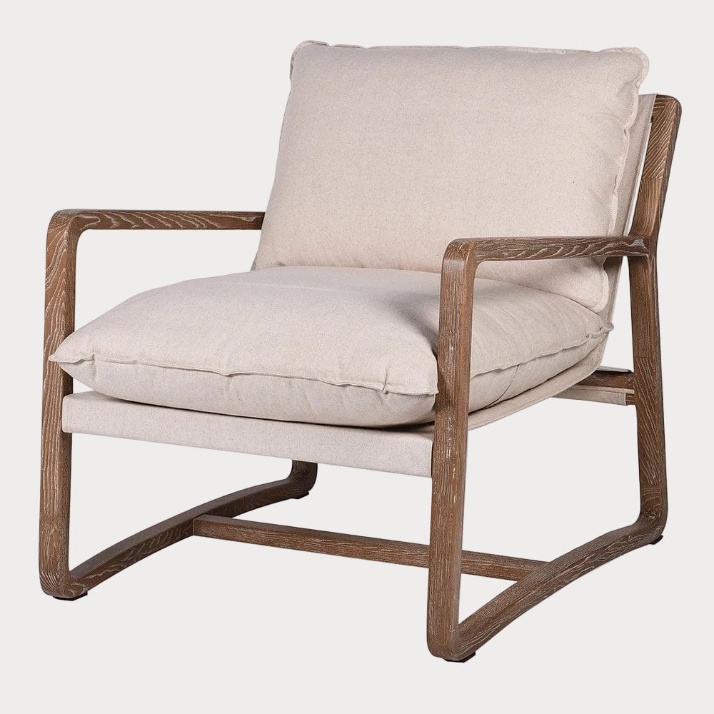 A natural linen armchair with a sturdy ash wood frame and a cushioned seat, backrest, and armrests.