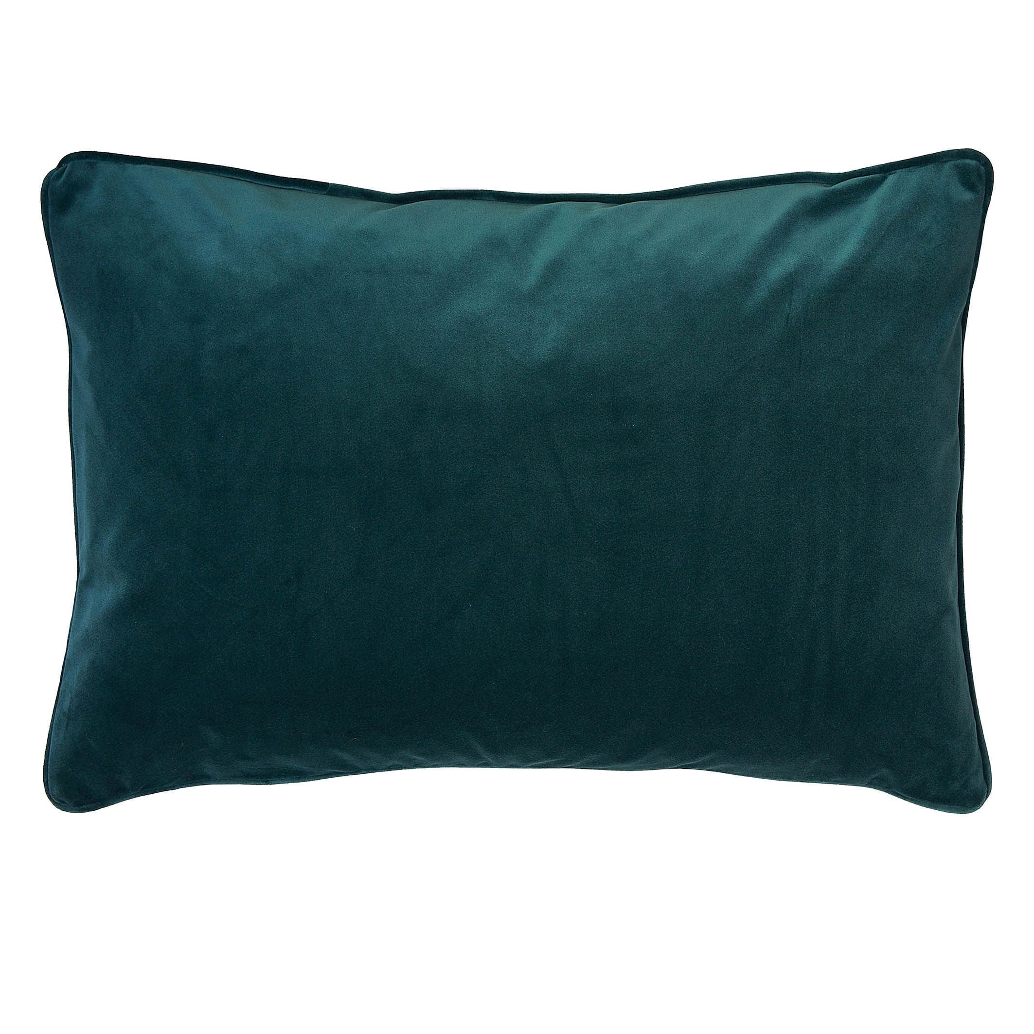 The rear of a rectangular cushion showings a teal velvet