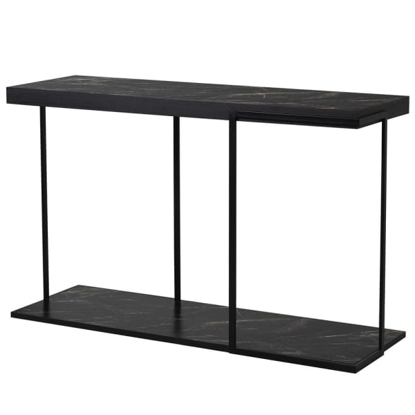A black painted marble console table with metal uprights and a lower shelf, designed to resemble a real marble texture.