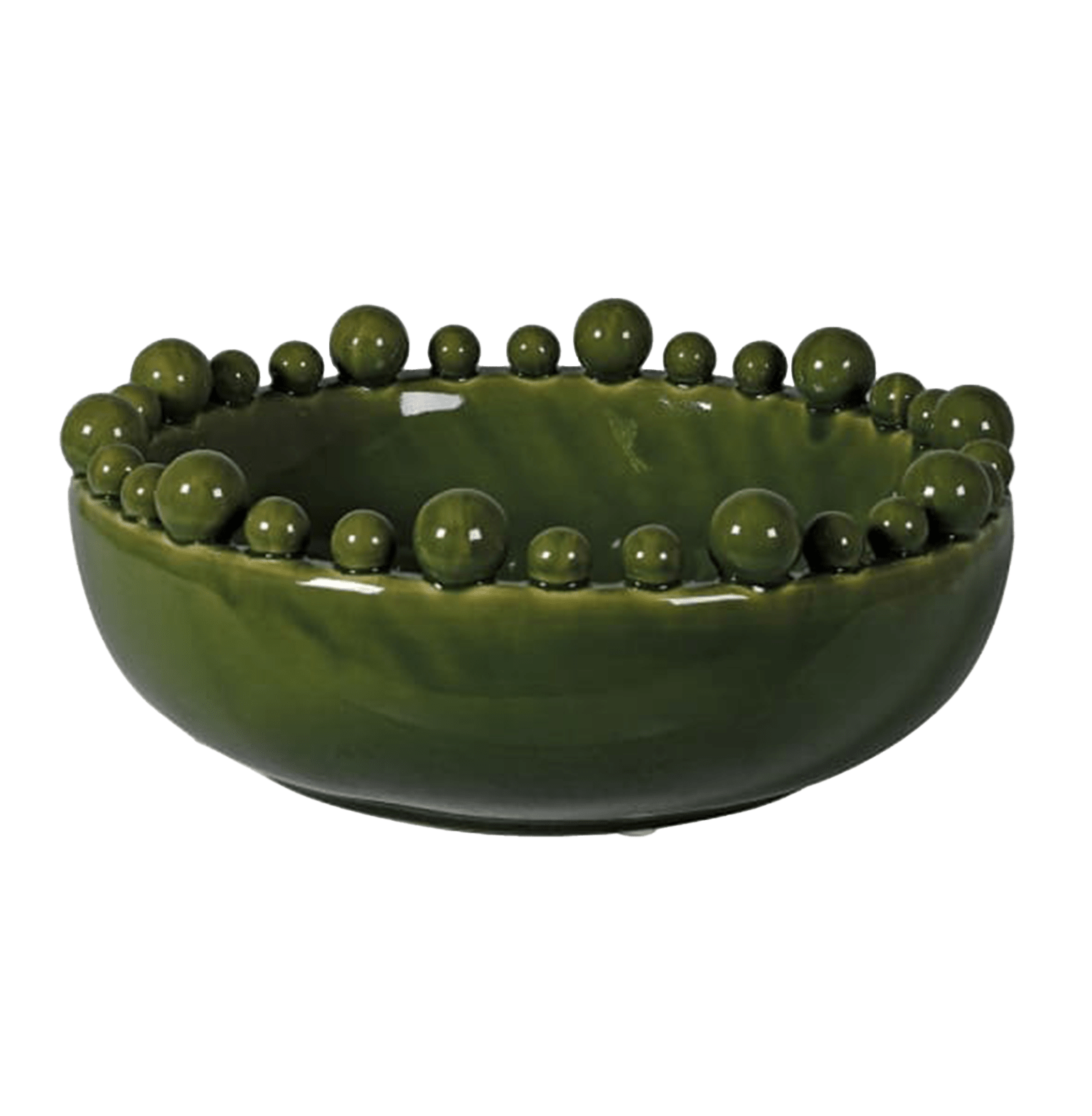 Green ceramic bowl with spherical embellishments on a transparent background