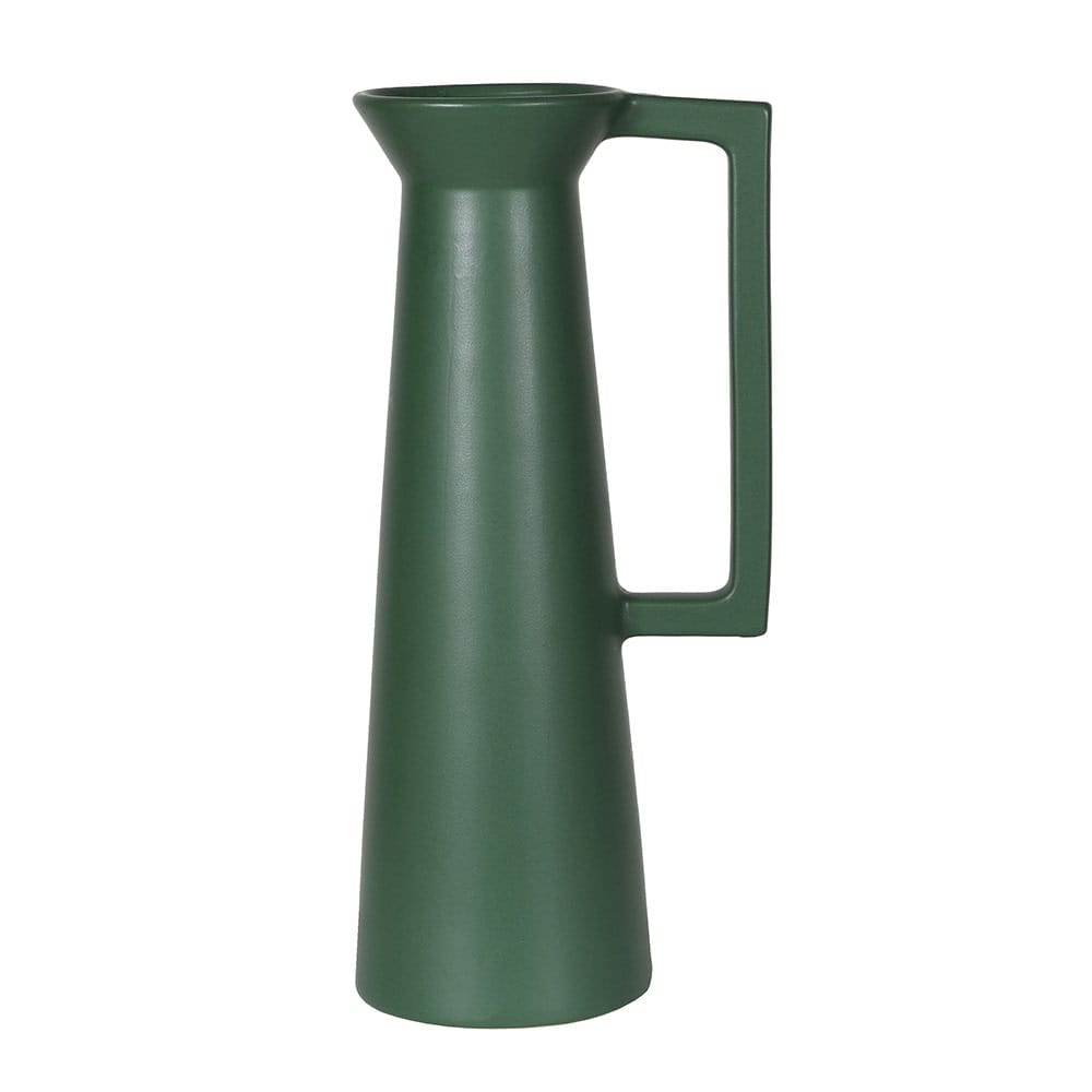 Matt green tall vase with a white background