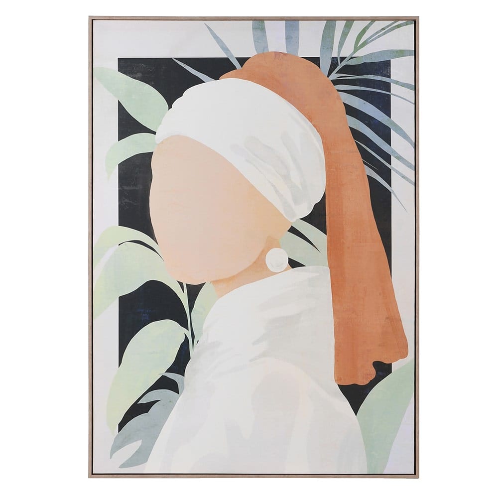 A modern canvas print featuring a simplified, graphic color block design of a female figure with a pearl earring, surrounded by foliage in muted shades of grey, white, and terracotta.