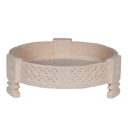 A beige Verona footed pot with intricate design around the rim and standing on four curved feet.