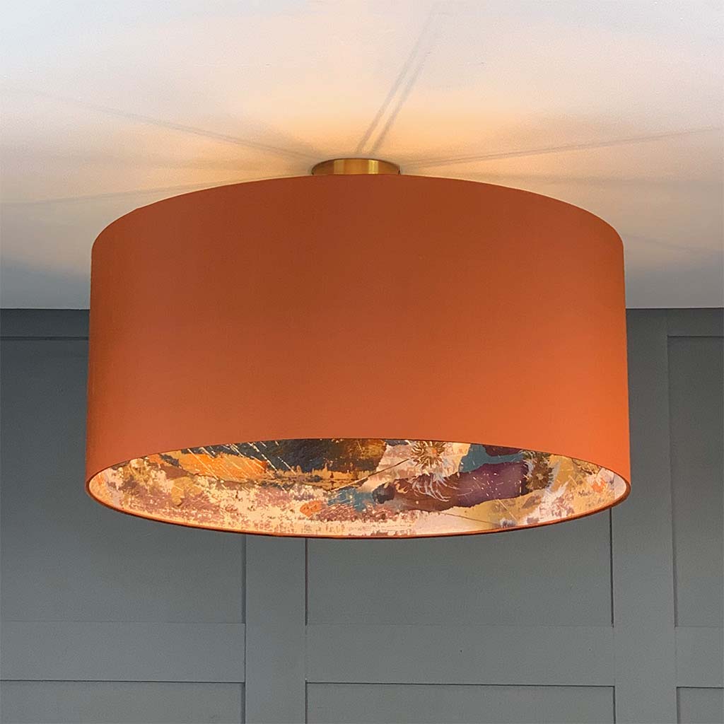 Burnt Orange Silk Pendant Shade with Mairi Helena Mirrored Storm Linen Lining