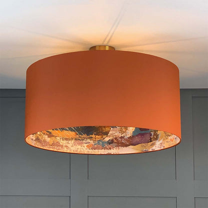 Burnt Orange Silk Pendant Shade with Mairi Helena Mirrored Storm Linen Lining