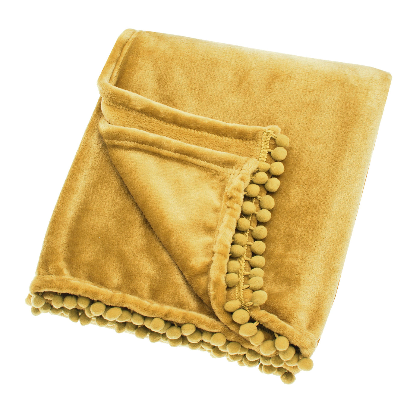 A saffron yellow fleece throw with pom pom trim unfolded and laying on a plain background.