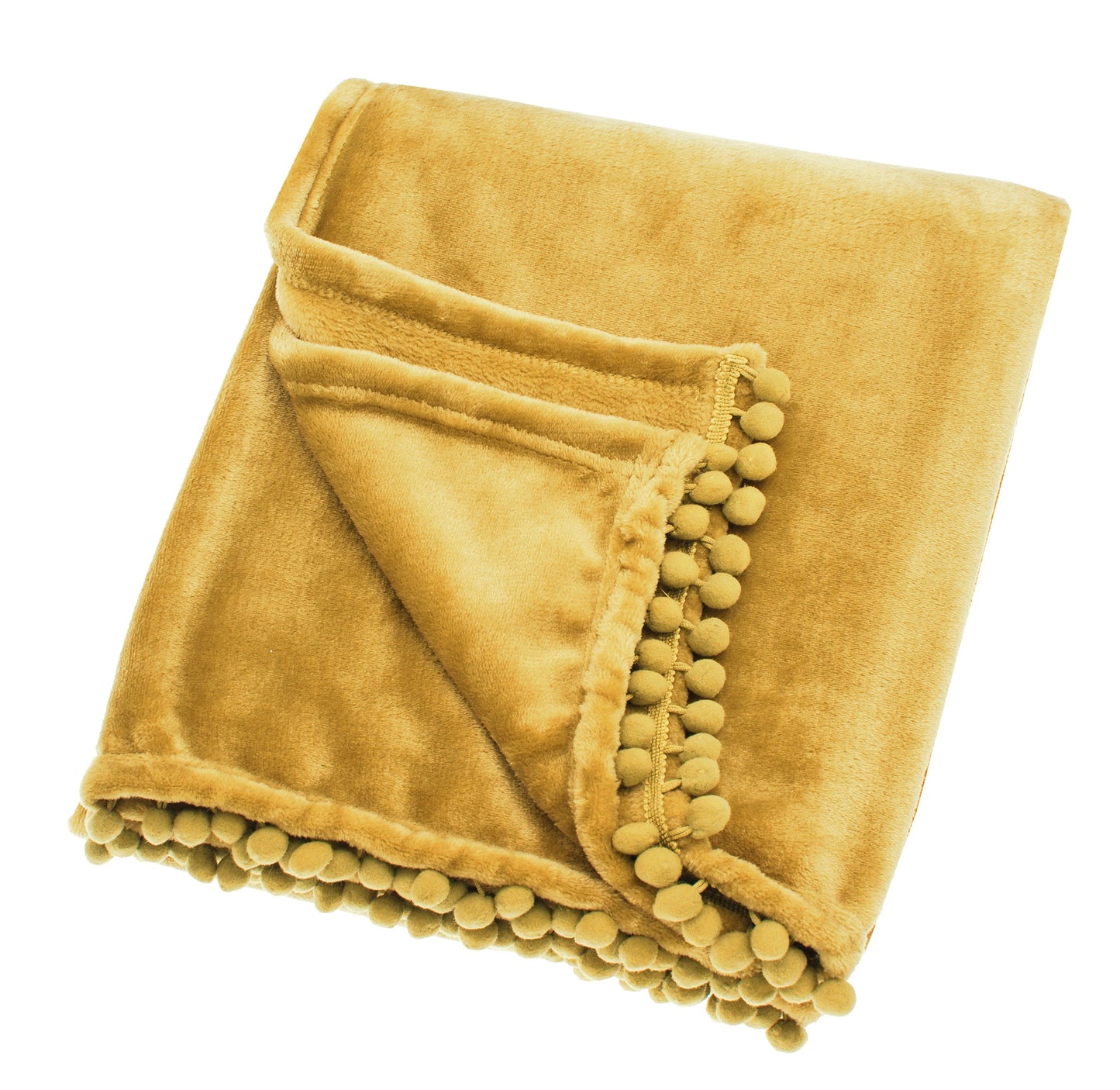 A saffron yellow fleece throw with pom pom trim unfolded and laying on a plain background.