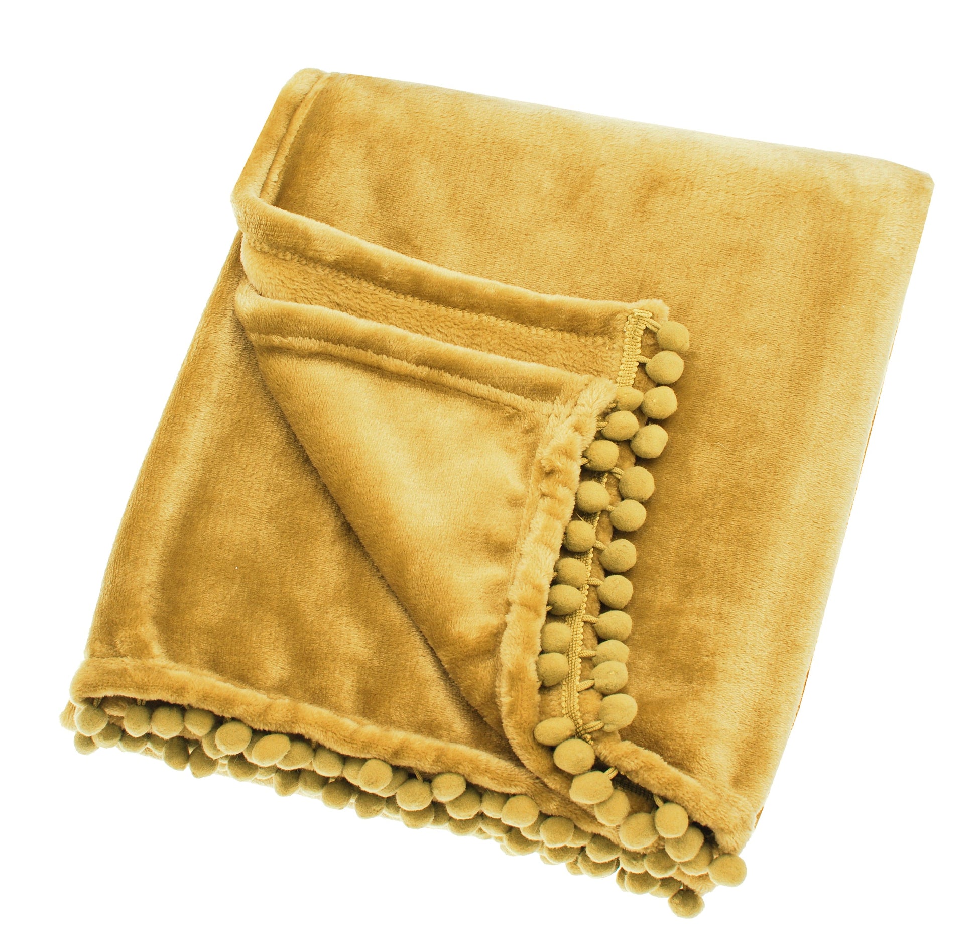 A saffron yellow fleece throw with pom pom trim unfolded and laying on a plain background.