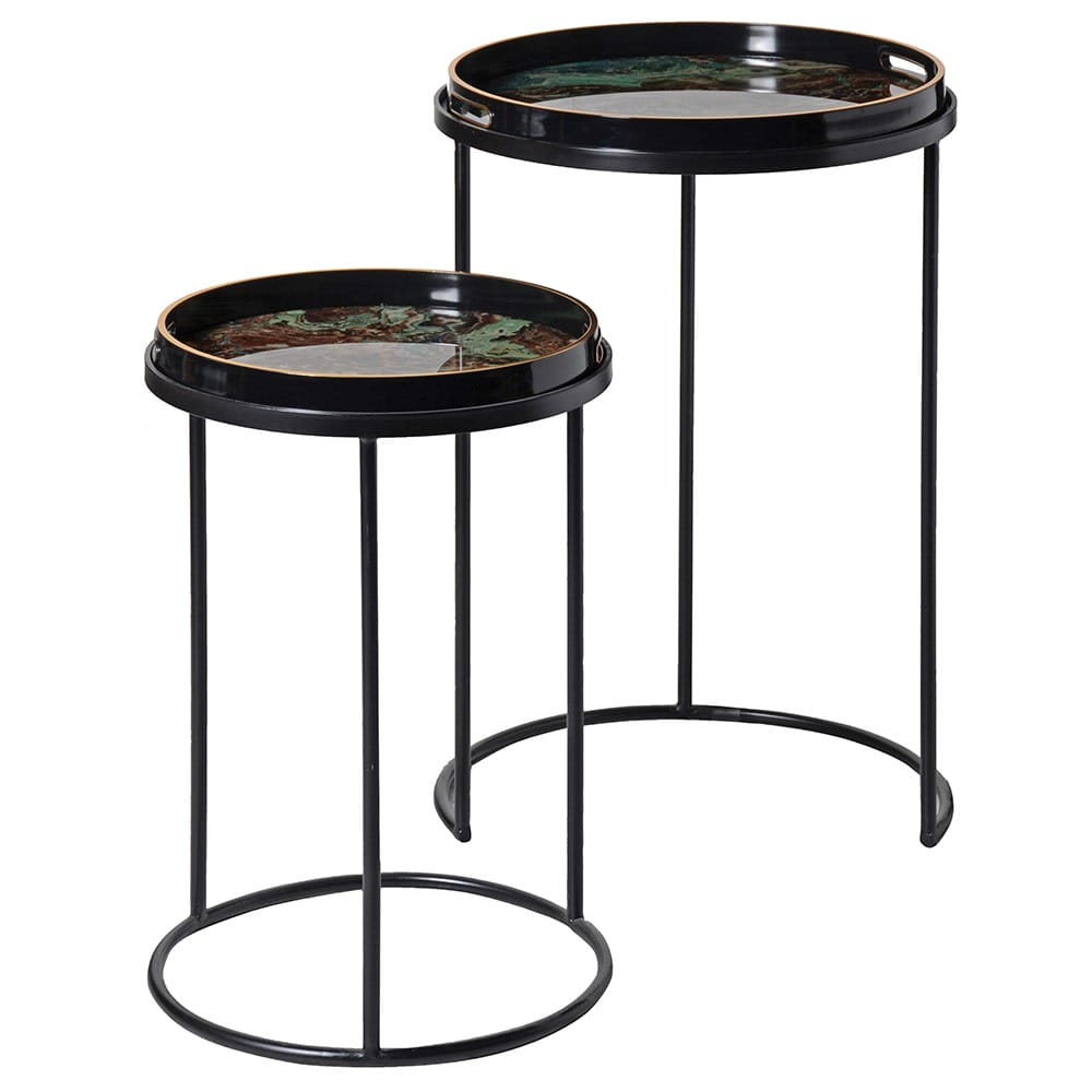 Two round side tables with black frames and green glass marble effect tops, one larger than the other, set against a white background.