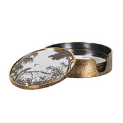 A set of four round coasters with a antique gold design and a scenic motif, likely containing a beach or coastal area.