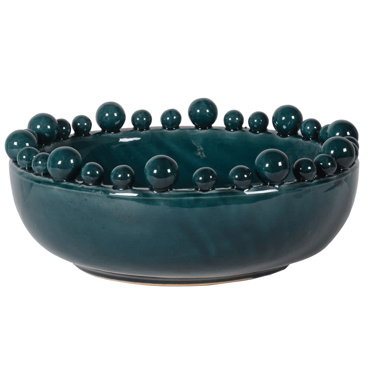 Teal ceramic bowl with spherical protrusions on a white background