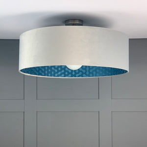 Electrified Platinum Velvet Shade with Hooked on Walls Modern Eccentrics Blue Wallpaper Lining