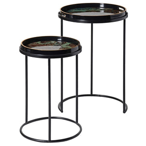 Set of 2 Green Glass Marble Effect Side Tables