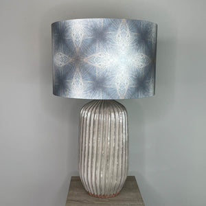 Tiree Table Lamp with Julia Clare's Peacock Feather Linen in Warm Ash & Blue Lampshade